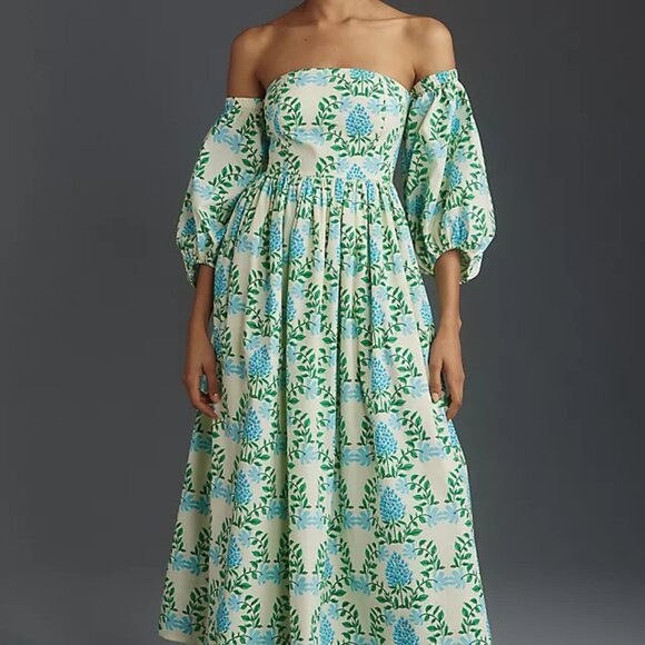 Anthropologie Hydrangea Dress Let Me Be XSP off shoulder long sleeve maxi floral - Picture 1 of 16